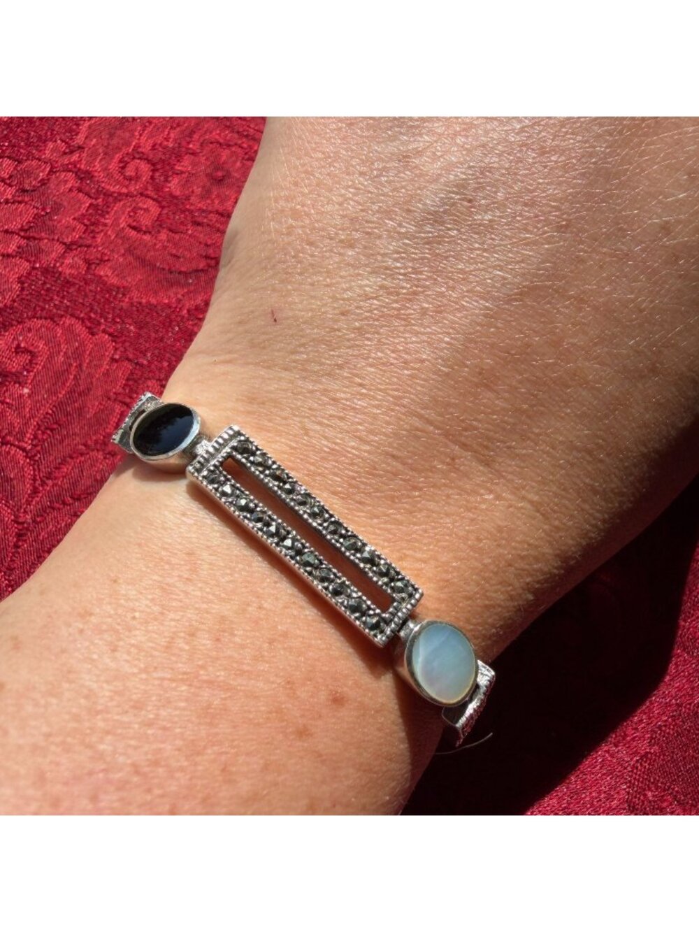 Vintage Sterling Silver Onyx Mother of Pearl Marcasite Art Deco Link Bracelet